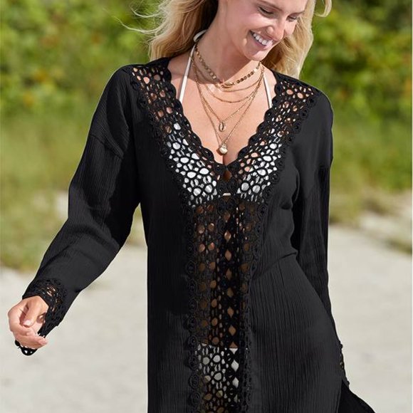 VENUS Swim Venus Bathing Suit Cover Up Black Lace Flowy Relaxed Fit